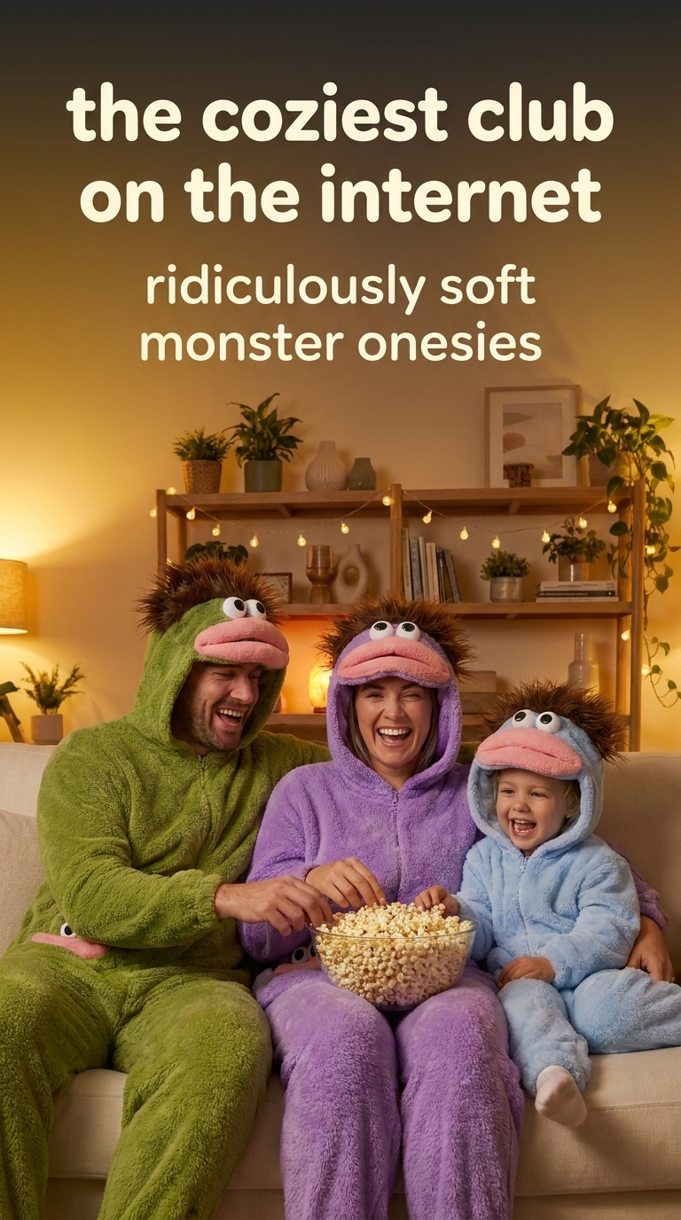 Snoozy Club mobile hero - family movie night in monster onesies