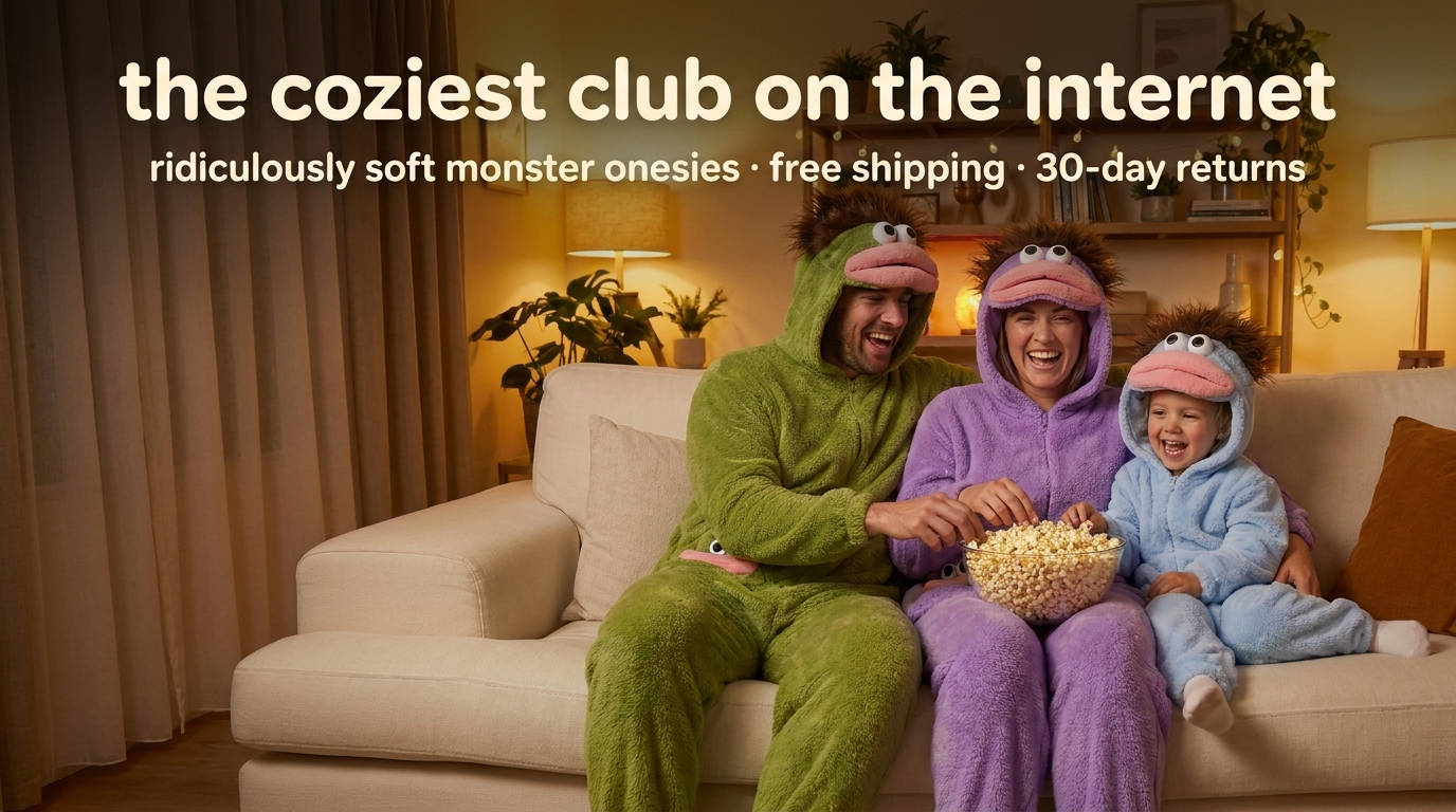 Snoozy Club hero - family movie night in monster onesies